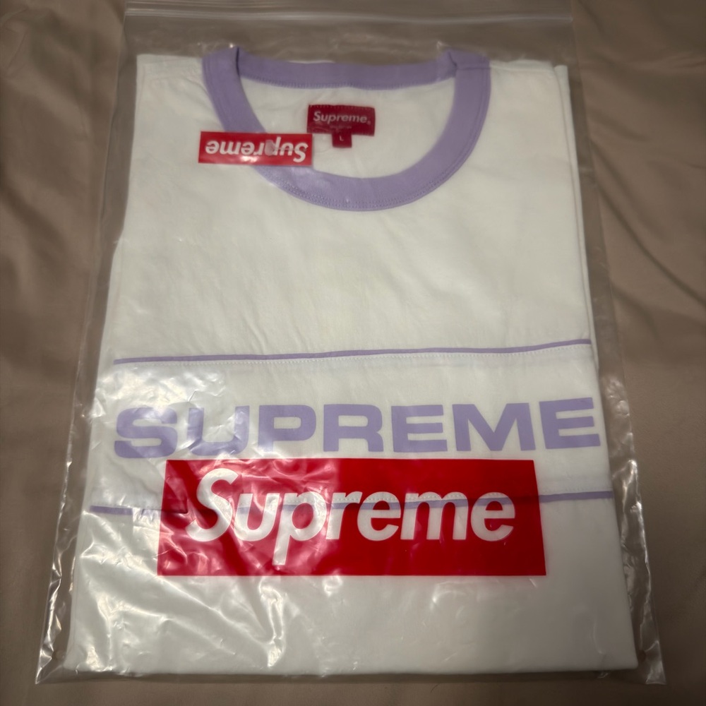 Supreme Team Ringer Top Tee Shirt White Purple Large SS18